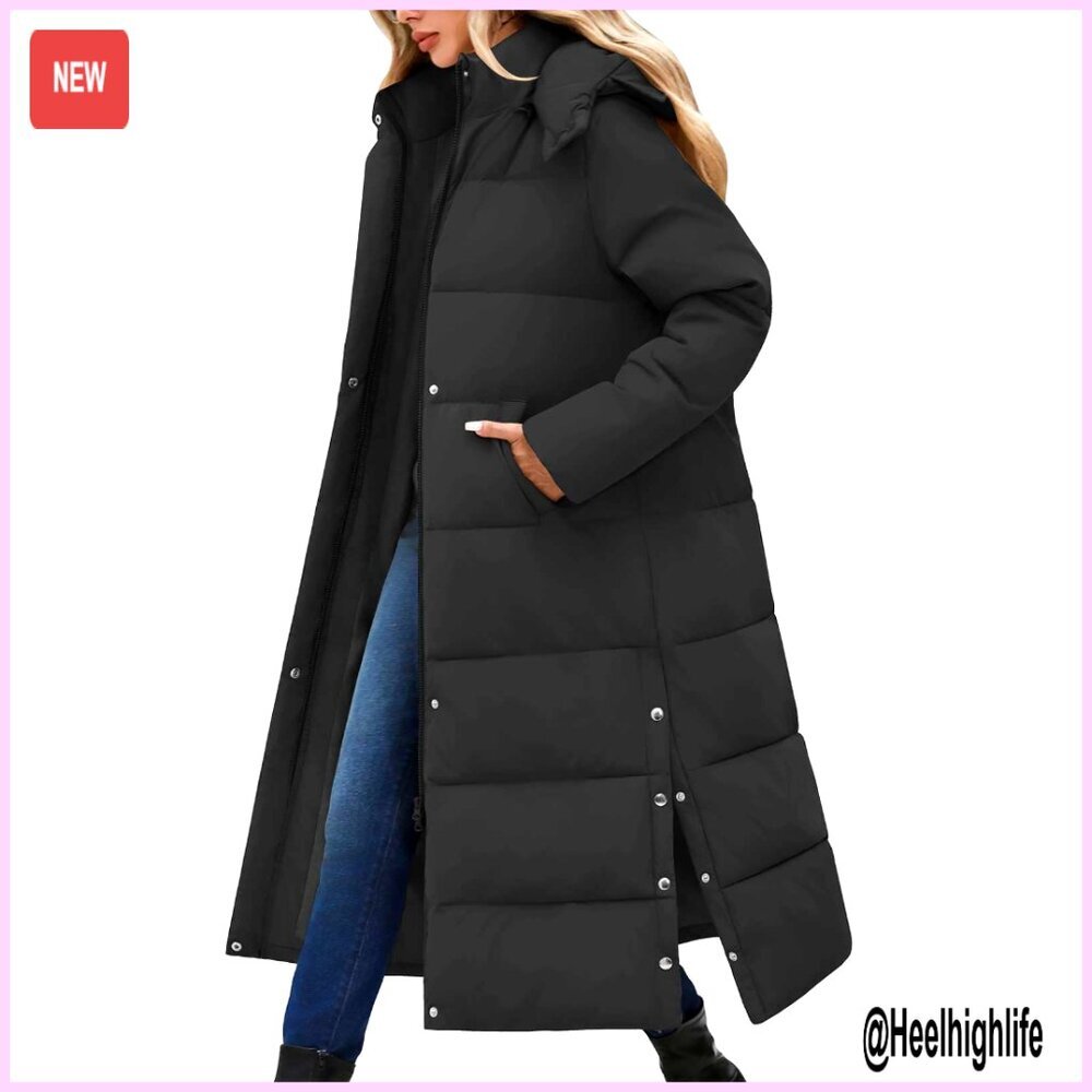 Long Puffer Coat with Removable Hood, Quilted, Windproof, Winter Parka